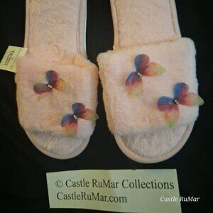 BRAND NEW! PINK SLIP-SLIPPERS WITH PRETTY 3-D BUTTERFLIES VEGAN FAUX FUR